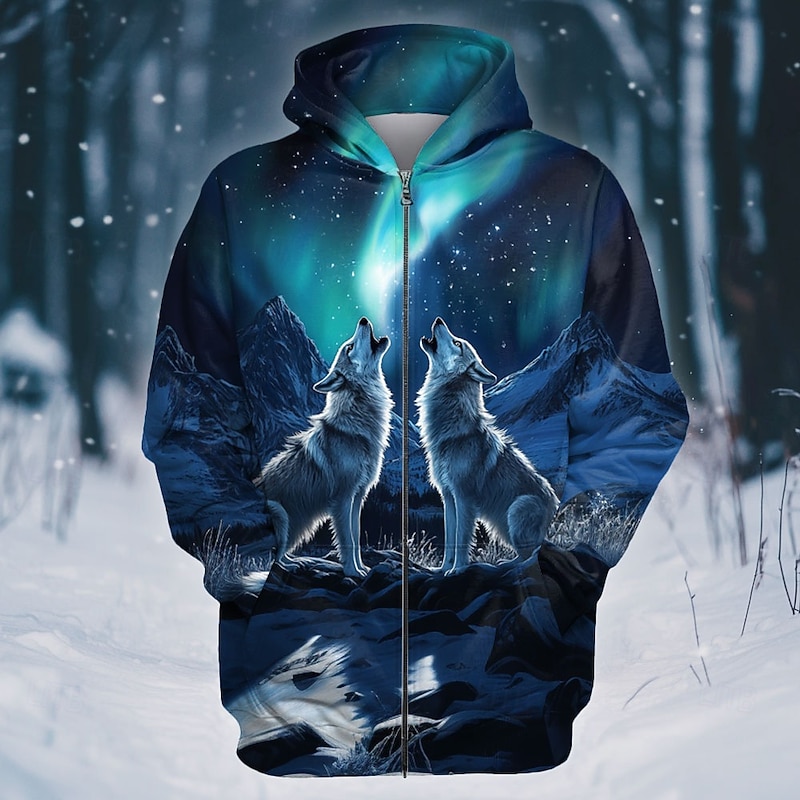 Men's Wolf Aurora Hoodie Hoodies Sweatshirt Fashion Cool Long Sleeve Hooded Vacation Gym Streetwear Dark Blue Drawstring Fall Winter Designer