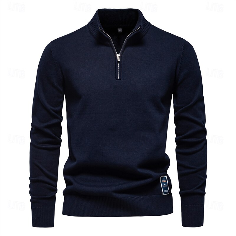 Men's Sweater Zip Sweater Ribbed Knit Regular Zipper Solid Color Rolled collar Knitwear Daily Outdoor Sports & Outdoor Clothing Apparel Spring &  Fall Navy Blue Green4