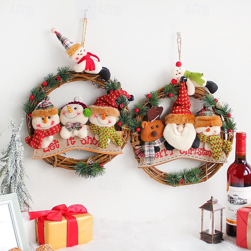 Christmas Snowman and Santa Rattan Wreath Door Hanging Doll Festive Holiday Garland Decoration Perfect for Window Display Seasonal Home Party Ornament4