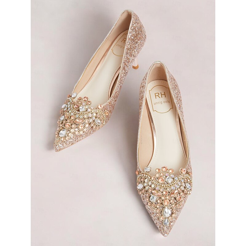 Women's Gold Glitter Stiletto Heels with Embellished Rhinestones – Elegant Wedding and Evening Party Shoes2