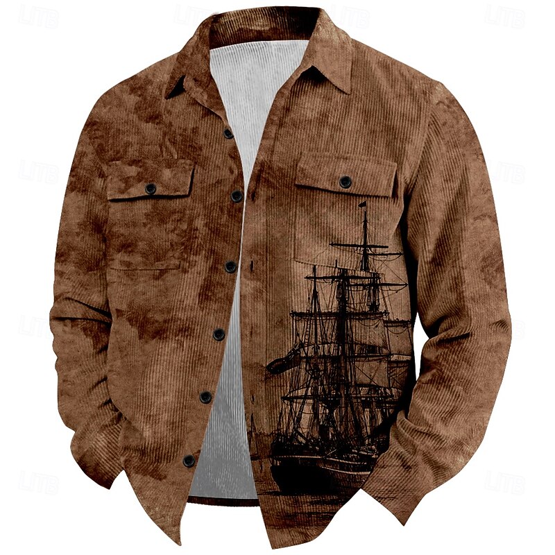 Men's Nautical Corduroy Shirt Shirt Jacket Overshirt Long Sleeve Vintage Tribal Outdoor Dailywear Fall & Winter Turndown Collared Shirts Buttons 3D Print 2 Pockets 1pc White Dark Red Army Green Brown