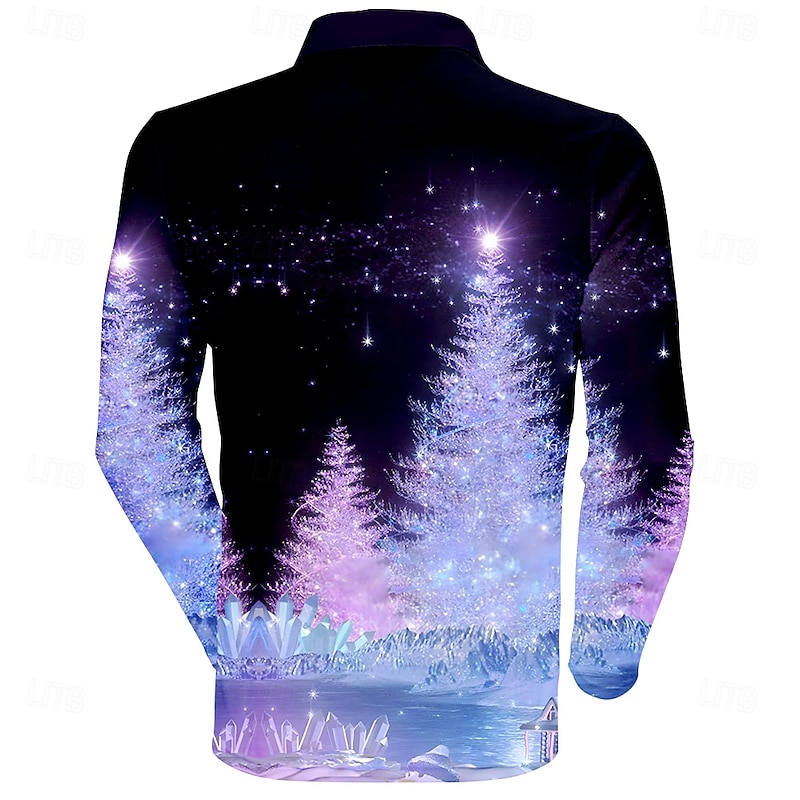 Christmas Men's Space Forest Polo Shirts Golf Polos Shirts Long Sleeve Polo Shirts Collar Casual Party Evening Wear Dailywear Vacation Buttons 3D Print Purple2