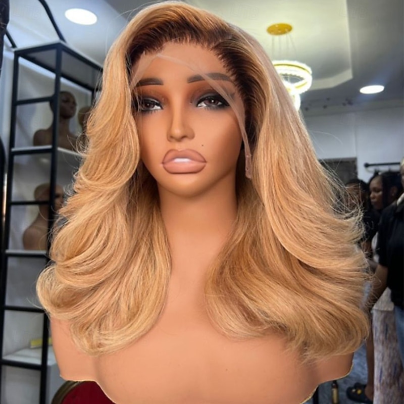 Brazilian Virgin Hair Glueless 13x4 Lace Front Wig Ombre Human Hair Wavy Wig  with Baby Hair Honey Blonde Colored Wigs Pre-Plucked For Women
