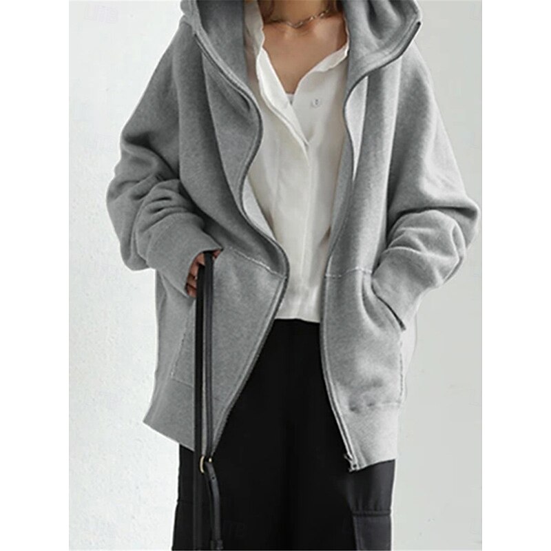 Women's Hoodie Jacket Outdoor Street Daily Wear Fall Winter Regular Coat Regular Fit Thermal Warm Breathable Stylish Casual Jacket Long Sleeve Plain with Pockets Full Zip Black Red Green