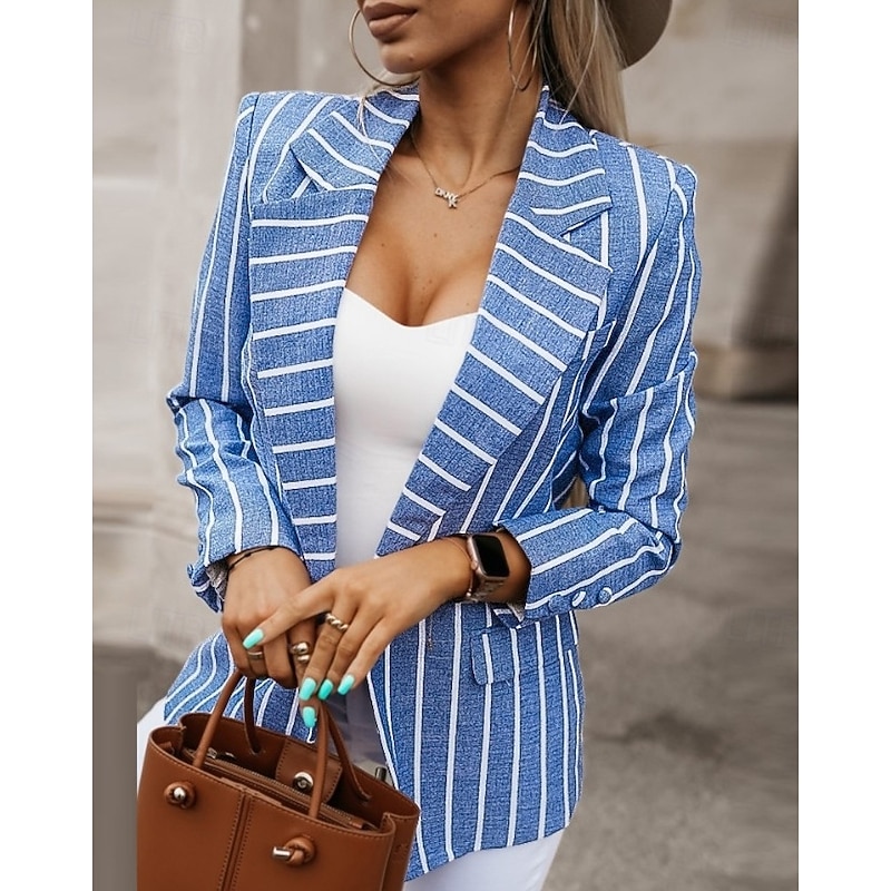 Women's Blazer Outdoor Button Stripe Windproof Fashion Regular Fit Outerwear Long Sleeve Fall Blue S3