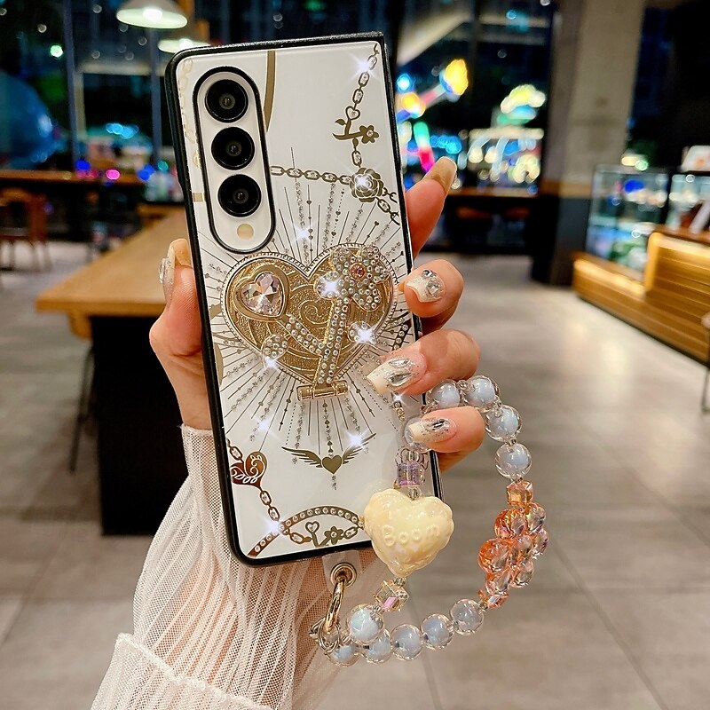 Phone Case For Z Fold 6 Z Fold 5 Z Fold 4 Back Cover with Stand Holder with Wrist Strap Shockproof Retro TPU PC4