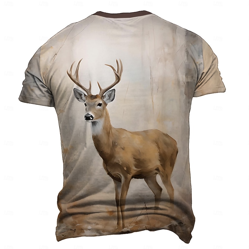 Men's Deer T Shirt Short Sleeve T shirt 3D Print Crew Neck Shirt Retro Vintage Casual Street Style Sports Outdoor Holiday Beige Grey Spring & Summer Clothing Apparel S M L XL XXL XXXL2