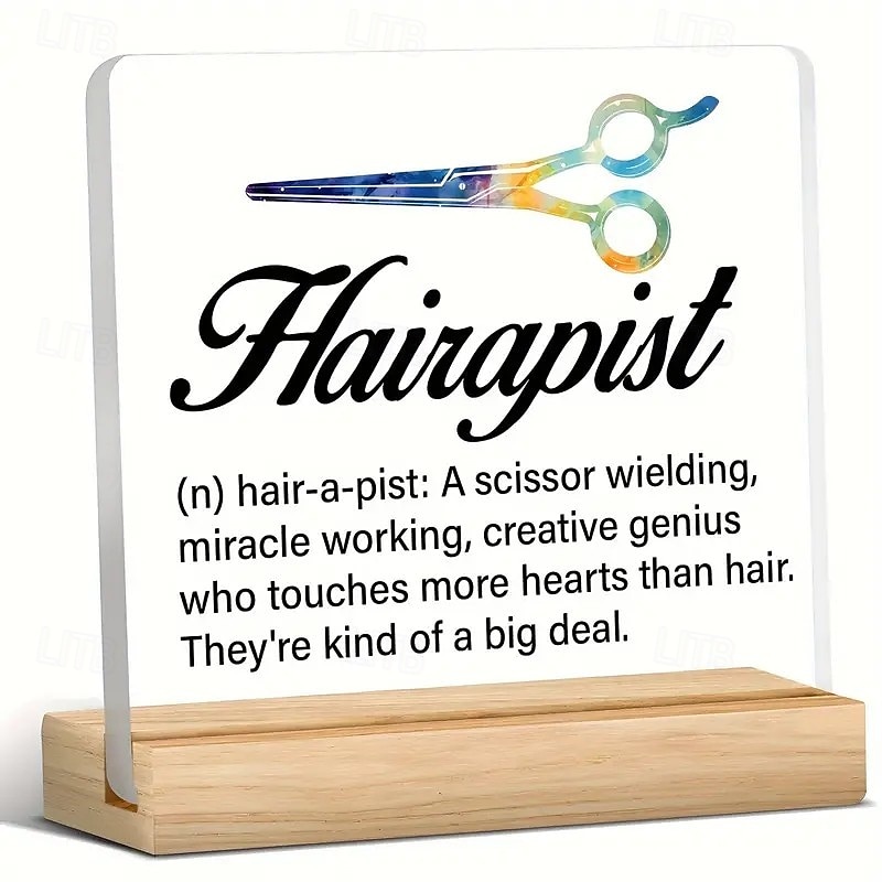 Acrylic Plaque with Wooden Base, Hair Stylist Definition Desk Sign, Creative Scissor Design, Appreciation Gift for Salon Professionals, Horizontal Display
