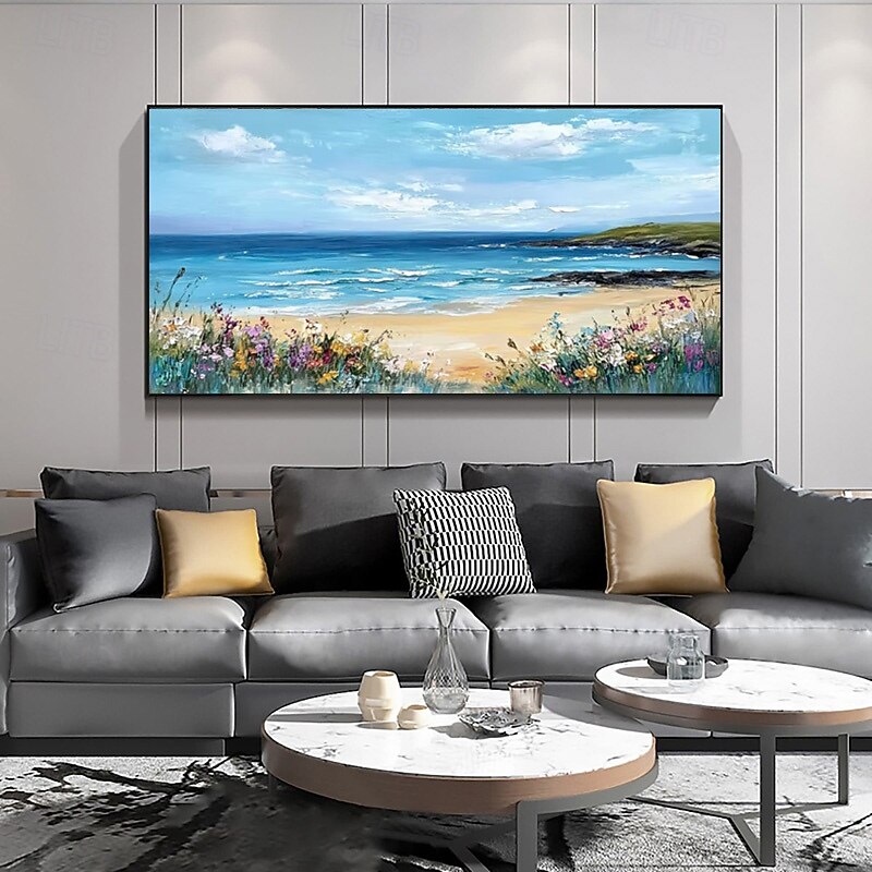 Sandy Sea Shore Flowers Blue Sky Hand Painted Wall Decor Living Room Acrylic Abstract Oil Painting Office Wall Art Textured Painting No Frame2
