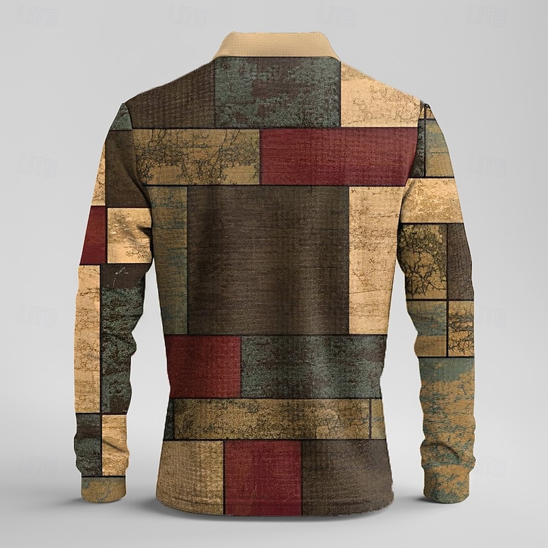 Men's Plaid Waffle Polo Shirts Golf Shirt Long Sleeve Polo Shirts Collared Shirts Vintage Casual Vacation Wear Formal Wear Festival Wear Buttons 3D Print Spring Fall Winter Army Green2