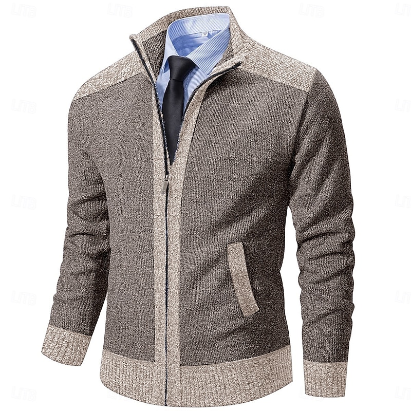Men's Cardigan Sweater Dress Sweater Fleece Sweater Ribbed Knit Cropped Knitted Color Block Stand Collar Warm Ups Modern Contemporary Daily Wear Going out Clothing Apparel Winter Spring &  Fall Blue4