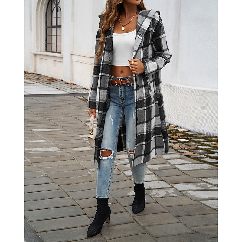 Women's Coat Warm Comfortable Buttons Print Casual Lattice Casual Daily Single Breasted Collarless Regular Fit Long Sleeve Outerwear Black Red Green Fall Winter