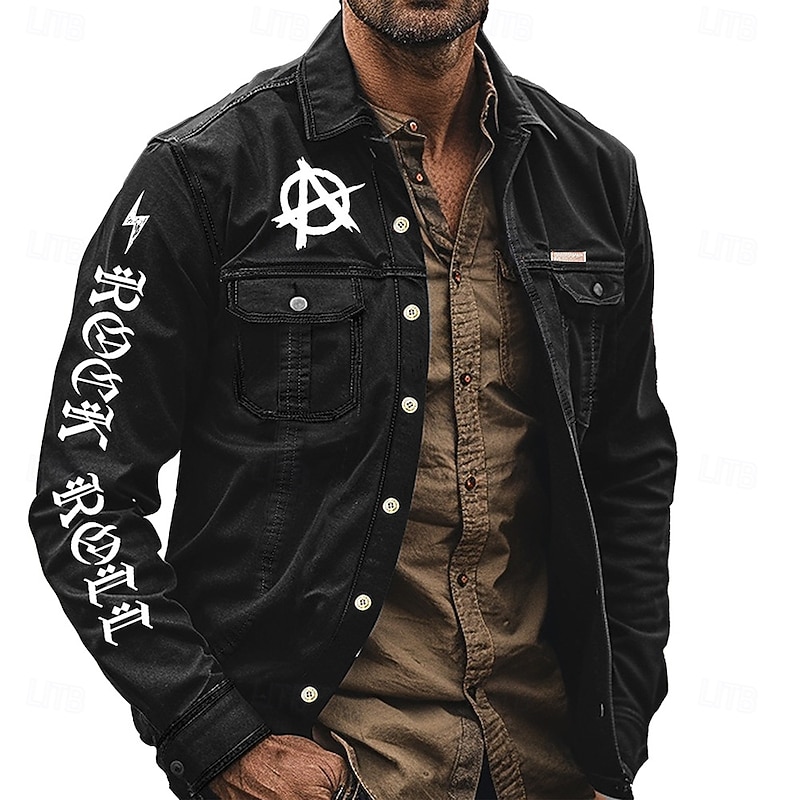 Men's Letter Printed Work Shirt Western Shirt Cargo Shirt Long Sleeve Casual Tactical Sports & Outdoor Going out Winter Spring &  Fall Turndown Print Black2