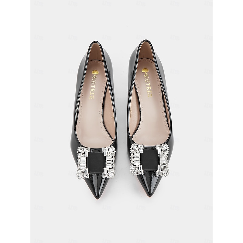Women's Black Patent Leather Pumps with Crystal Embellished Bow – Elegant Pointed-Toe Kitten Heels for Formal Events and Evening Wear3