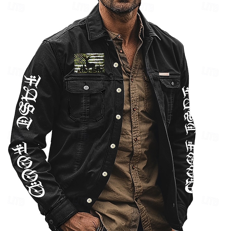 Men's American US Flag Patriotic Work Shirt Western Shirt Cargo Shirt Long Sleeve Vintage Casual Tactical Sports & Outdoor Going out Winter Spring &  Fall Turndown Print Black2