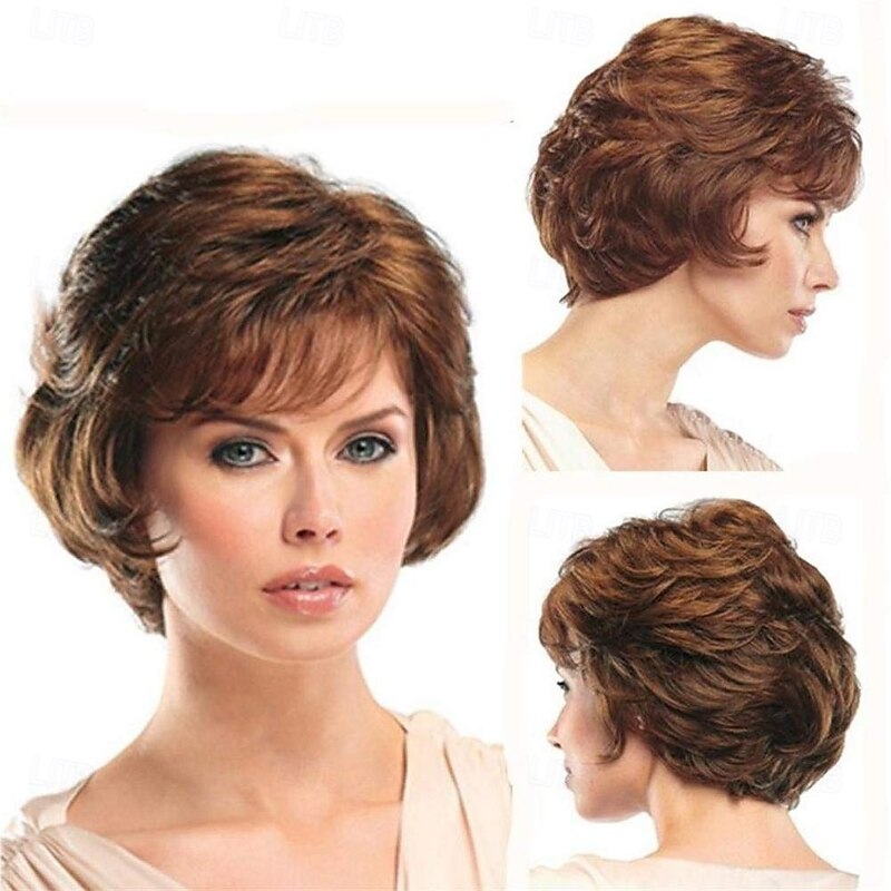 Short Brown Curly Wigs with Brown Pixie cut Wavy Wigs for White Women Layered Synthetic Full Wigs for Daily Party