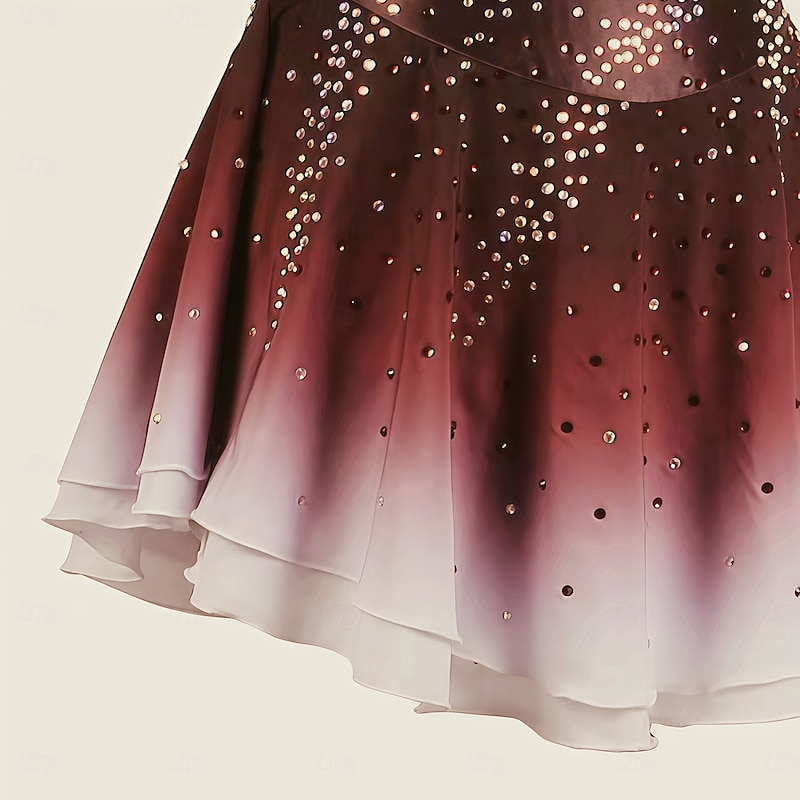Figure Skating Dress Women's Girls' Ice Skating Dress Burgundy Dark Blue Halo Dyeing Mesh Spandex Stretchy Training Practice Professional Skating Wear Thermal Warm Classic Crystal / Rhinestone4