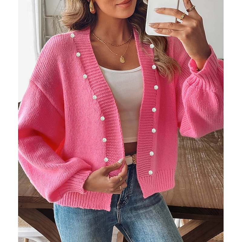 Women's Sweater Cardigan Elegant Casual Soft Pure Color Ribbed V Neck Beaded Knitted Long Sleeve Regular Tops Knit Outdoor Daily Weekend Pink Fall Winter4