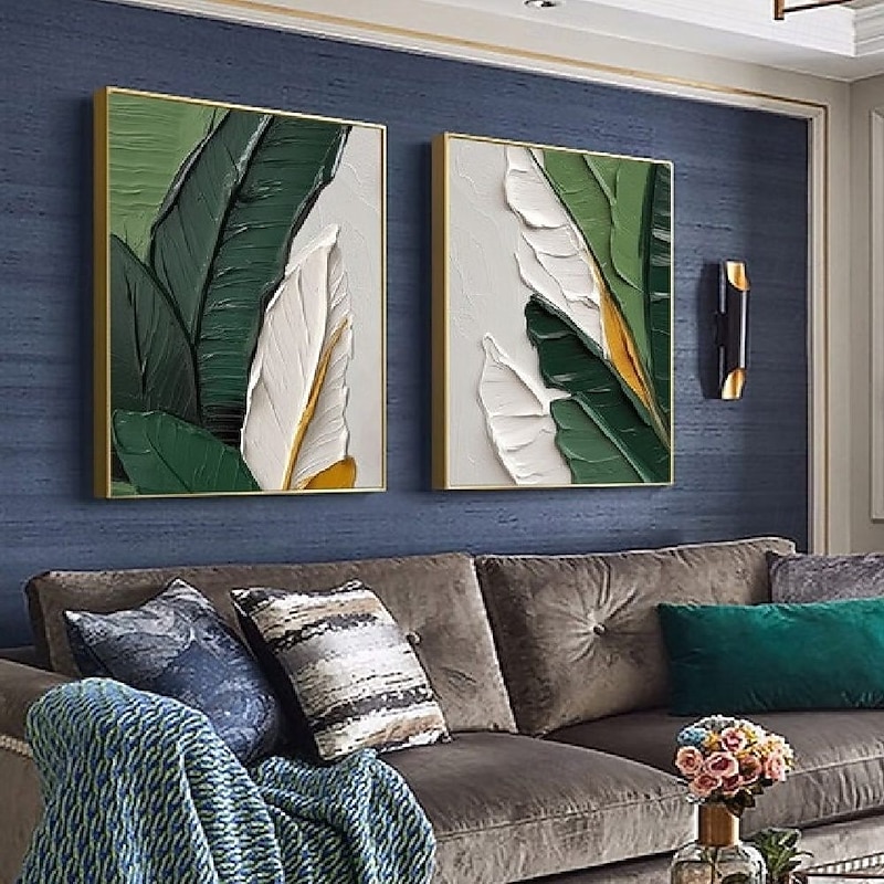 Green Leaf Oil Painting Hand painted Colorful Feathers Oil Painting On Canvas Large Wall Art painting Abstract Colorful Painting Custom Painting Living room Home Wall Decor3