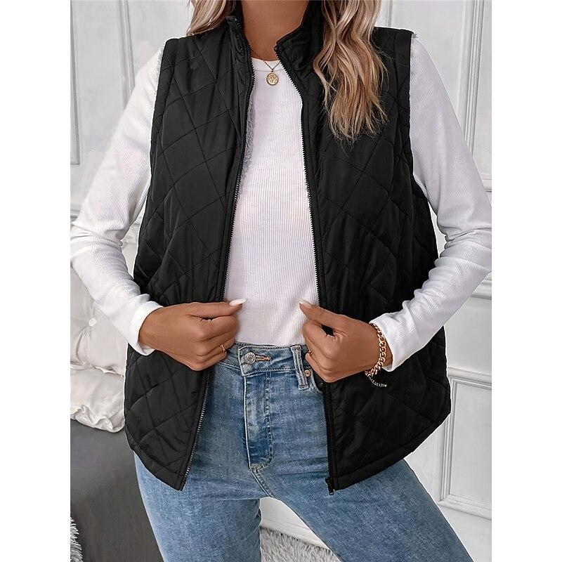 Women's Fleece Vest Warm Breathable Zipper Pocket Fleece Lined Casual Plain Vacation Street Daily Wear Going out Zipper Regular Stand Collar Regular Fit Sleeveless Outerwear Black Fall Winter4