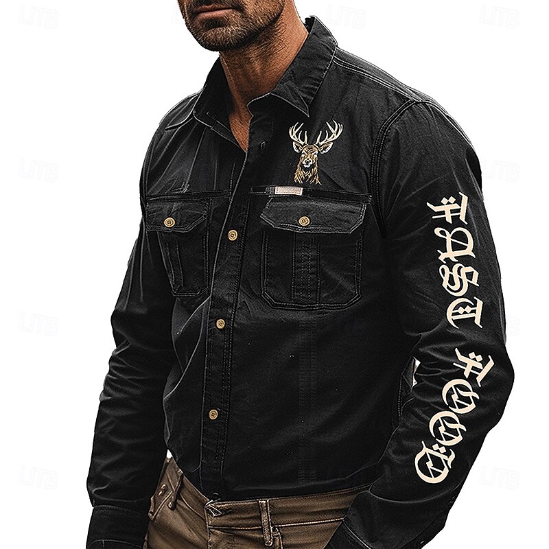 Men's Cowboy Deer Work Shirt Western Shirt Cargo Shirt Long Sleeve Vintage Casual Tactical Sports & Outdoor Going out Winter Spring &  Fall Turndown Print Black2