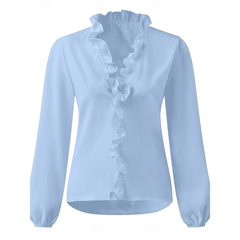 Women's Shirt Blouse Solid Color Basic Casual Long Sleeve V Neck Regular Tops Daily Ruffle White Blue Fall Winter4