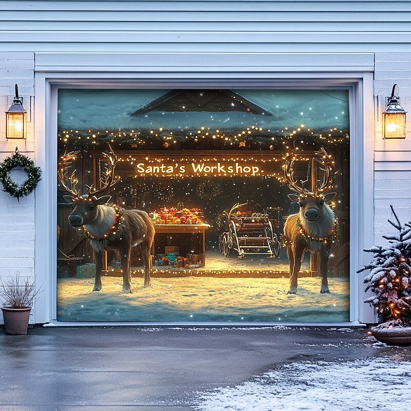 Christmas Door Decorations Outdoor Garage Door Cover Xmas Tree Banner Farmhouse Large Christmas Backdrop for Holiday Outdoor Garage Door Home Wall Decorations 34