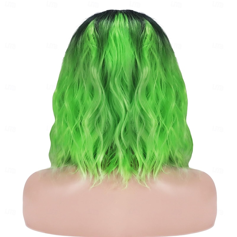 14" Ombre Green Short Bob Wavy Curly Wig, Lime Neon Green Heat Resistant Synthetic Wig for Cosplay, Shoulder Length Middle Part Wig for St Patrick's Day Daily Costume Party St.Patrick's Day Wigs3