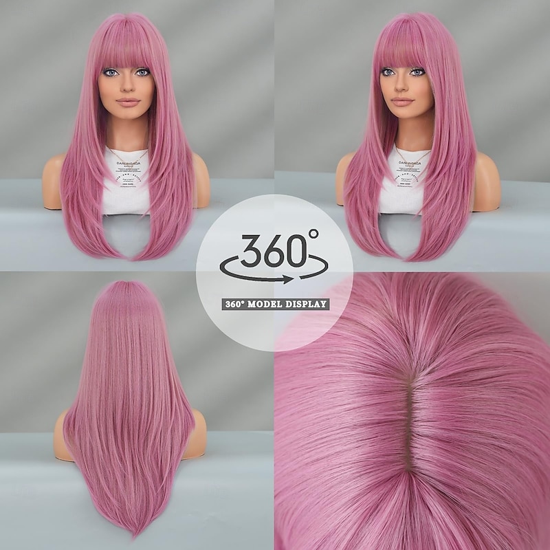 Long Straight Wig with Bangs for Women Hair Synthetic Heat Resistant Pastel Layered Wig Sexy Colored Wig for Cosplay Christmas Gifts Party Wigs4