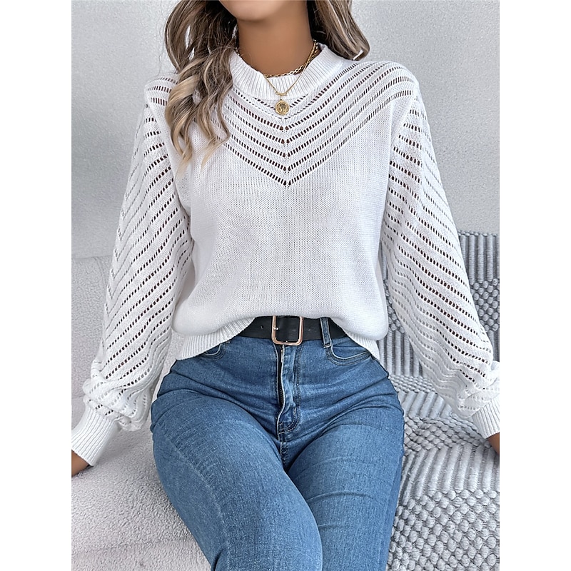 Women's Sweater Pullover Sweater Jumper Casual Soft Pure Color Ribbed Crew Neck Hollow Out Knitted Long Sleeve Regular Tops Knit Outdoor Daily Weekend White Orange Fall Winter
