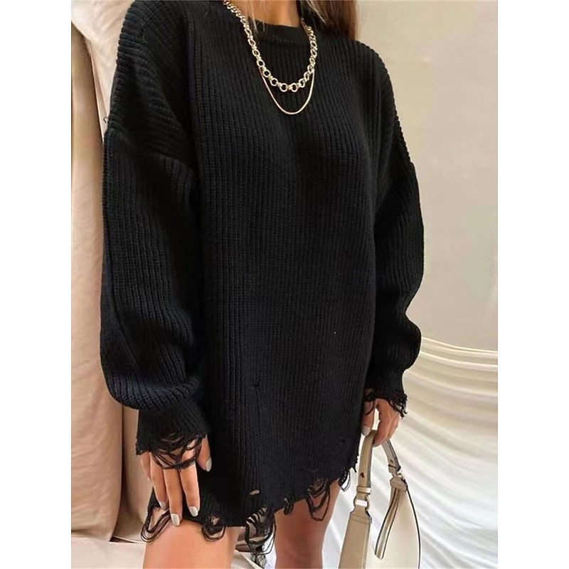 Women's Sweater Dress Casual Soft Pure Color Ribbed Crew Neck Knitted Long Sleeve Long Tops Knit Outdoor Daily Weekend Black Pink Fall Winter2