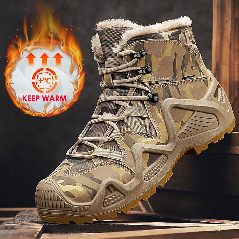 Men's Camouflage Winter Hiking Boots with Fur Lining – Waterproof Insulated Outdoor Snow Boots