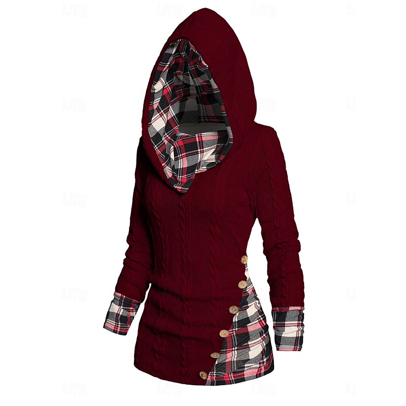 Women's Sweater Pullover Sweater Jumper Casual Soft Plaid Ribbed Hooded Patchwork Knitted Long Sleeve Regular Tops Knit Outdoor Daily Weekend Wine Beige Fall Winter 5