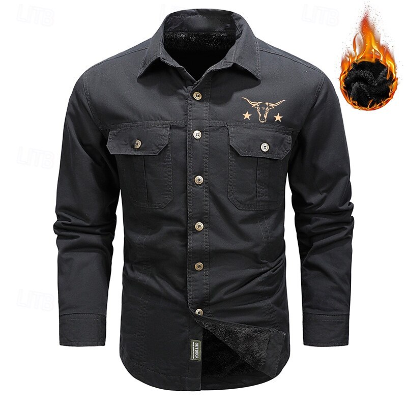 Men's Cow Print Work Shirt Western Shirt Cargo Shirt Long Sleeve Casual Sports & Outdoor Going out Fall Winter Turndown Print Black Army Green Khaki2