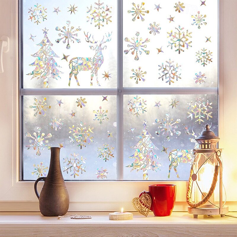 Christmas Window Stickers, Laser Glass Paper Sun Catchers, Colorful Rainbow Prism Christmas Snowflake Glass Decals, Anti-Collision Window Stickers4