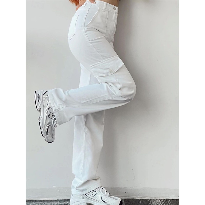 Women's Cargo Pants Chinos Fashion Streetwear Full Length High Waist Plain Pocket Comfy Soft Comfortable Micro-elastic Outdoor Street White Green Apricot Spring &  Fall Regular Fit4