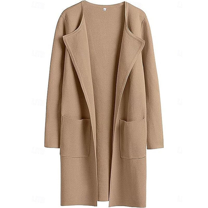 Women's Winter Coat Warm Breathable Pocket Casual Plain Vacation Street Daily Wear Going out Open Front Long Turndown Regular Fit Long Sleeve Outerwear Black Brown Khaki Fall Winter2