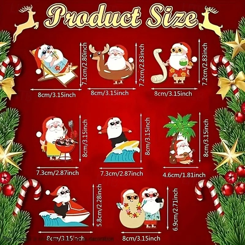 24pcs Vintage Wooden Christmas Ornaments - Surfing Santa and Tropical Snowman with Palm Trees - Beach-Themed Holiday Decor for Home and Garden Outdoors3