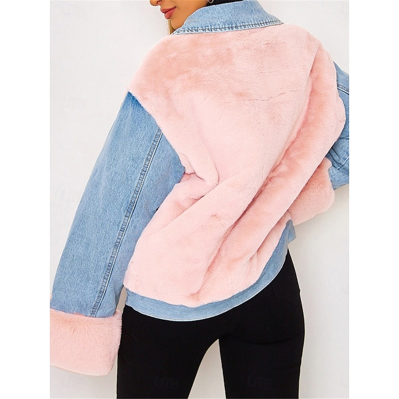 Women's Sherpa Jacket Denim Jacket Outdoor Street Daily Wear Fall Winter Regular Coat Regular Fit Thermal Warm Breathable Stylish Casual Jacket Long Sleeve Solid Color with Pockets Faux Fur Trim2