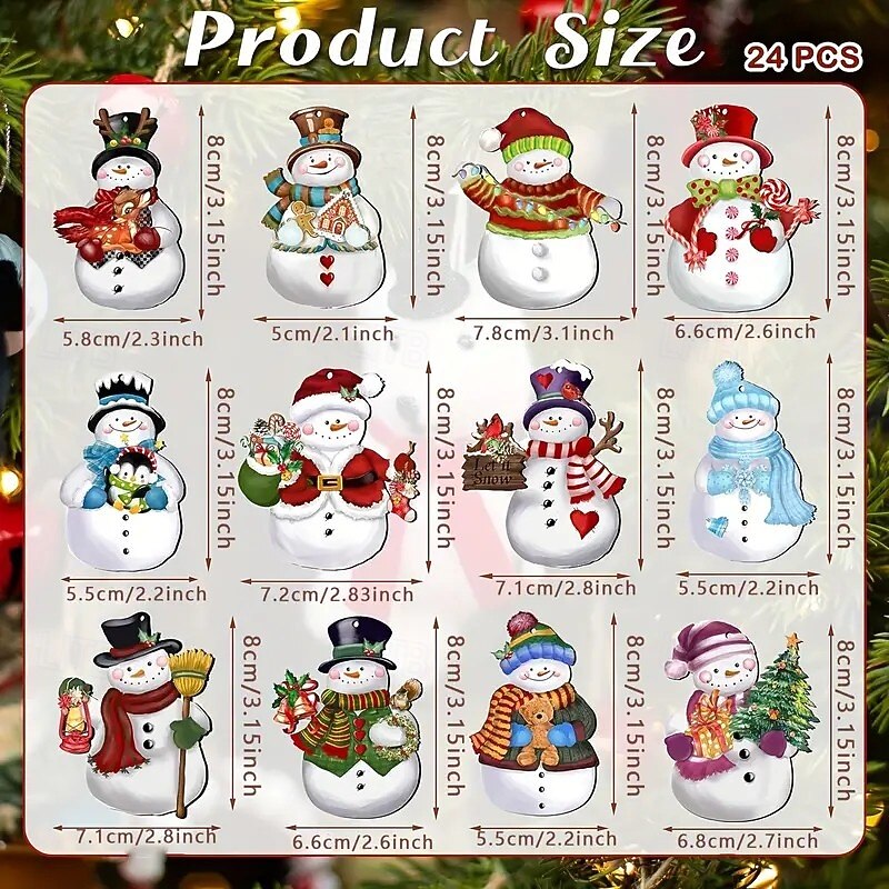 24pcs Christmas Wooden Ornaments, Snowman Pendant Decoration Set for Xmas Trees, Perfect Holiday Decor for Christmas Parties and Craft Projects3