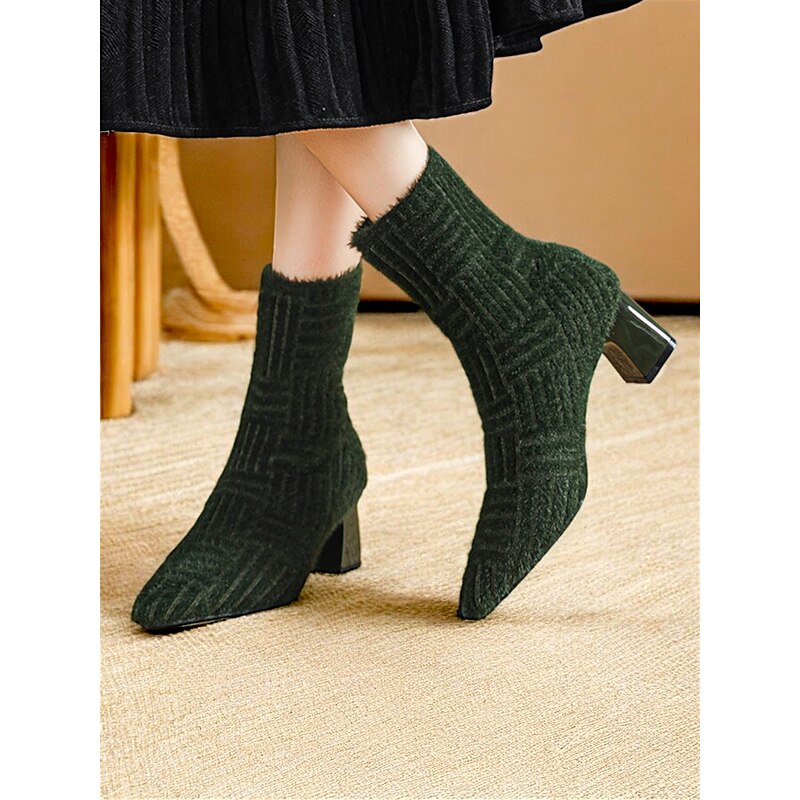 Women's Green Knit Ankle Boots - Mid Heel with Square Toe, Stretch Fabric, Perfect for Casual and Winter Wear2