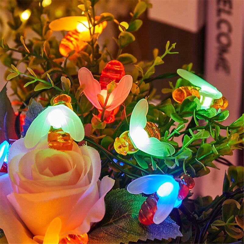 3M Solar Powered Bee String Lights, 20 LEDs Waterproof Outdoor Lights with Mounting Bracket  for Christmas, Patio, Yard, Warm White, White Multicolor, Blue3