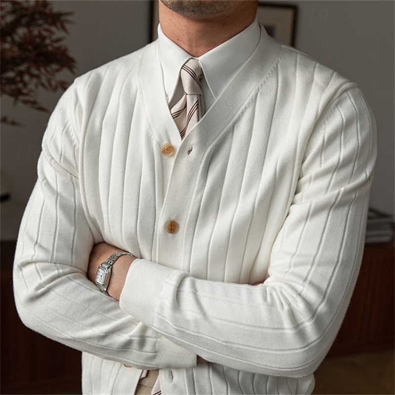 Men's Dress Sweater Cardigan Sweater Knit Sweater Ribbed Knit Regular Tops Button Up Solid Color V Neck Fashion Classic Vacation Daily Wear Clothing Apparel Fall & Winter Black White S M L4