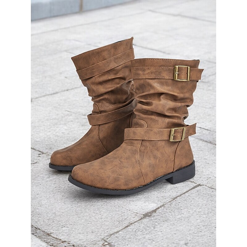 Women's Vintage Brown Slouchy Ankle Boots with Buckle Straps - Perfect for Casual Wear or Fall Fashion2