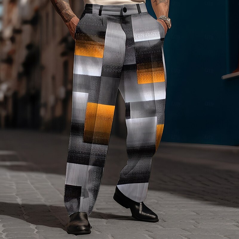 Men's Geometric Plaid Color Block Dress Pants Mid Waist Business Casual Formal Street Dailywear Zipper Pocket Straight Leg Trousers Summer Spring Fall 3D Print Black Blue Brown2