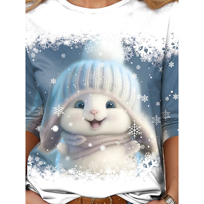 Women's T shirt Long Sleeve Crew Neck Long Sleeve Tunic T-shirt Winter Bunny Graphic Print Casual Holiday Festive Snowflake Pattern Regular Fit Light Blue White Prefall3