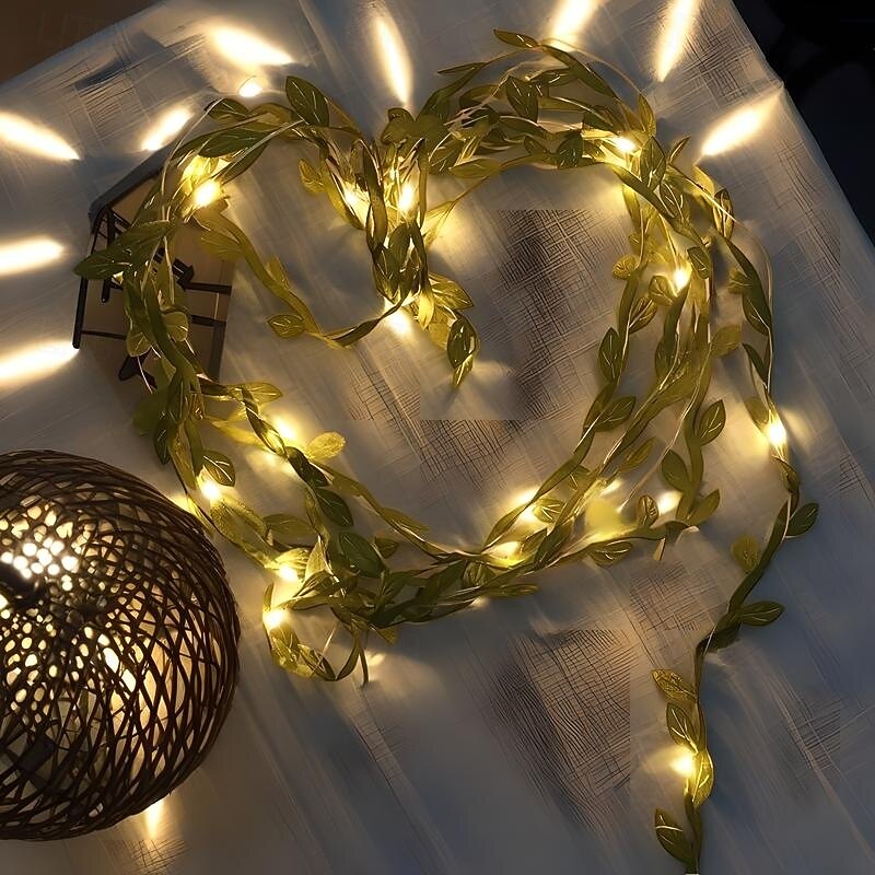 Elegant Wedding Reception Party 5M 50 LED Green Leaves Garland Fairy Lights, Battery-Powered Copper Wire String Lights for Wedding, Forest Table, Christmas & Home Decor2