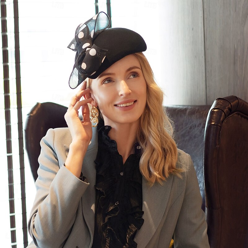 Hats Wool Beret Hat Bowler / Cloche Hat Wedding Tea Party Elegant Wedding With Bowknot Polka Dot Headpiece Headwear3