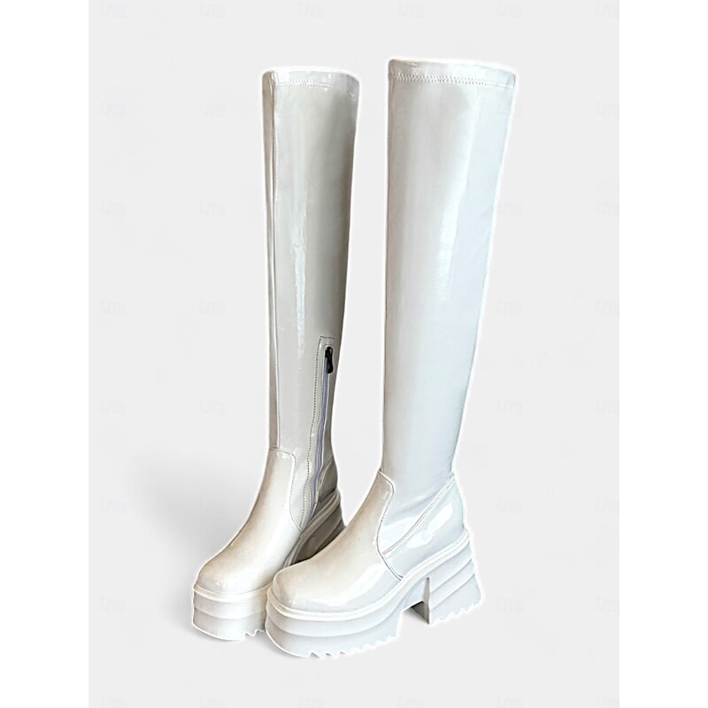 Women's Red Patent Leather Platform GoGo Boots - Thigh-High Chunky Heels with Zipper Closure, Retro Futuristic Style for Party, Clubbing, and Costume Wear2