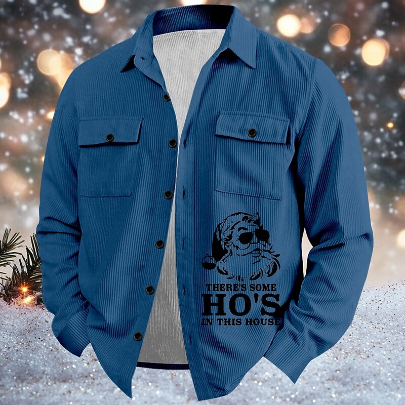 Christmas Men's Santa Claus Corduroy Shirt Shirt Jacket Long Sleeve Vintage Casual Outdoor Event / Party Dailywear Fall & Winter Turndown Collared Shirts Button 3D Print 2 Pockets 1pc Violet Black4